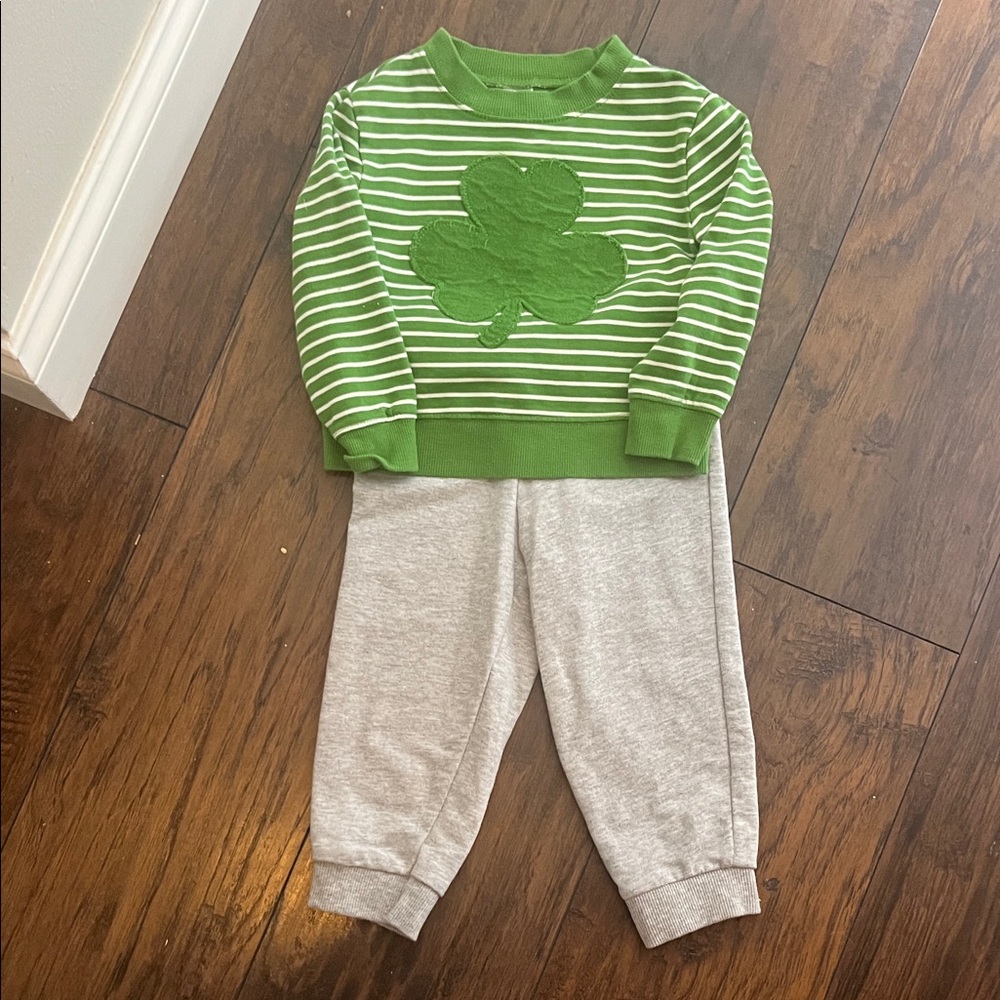 Carters EUC Green Striped Shamrock Sweater with Gray Pants